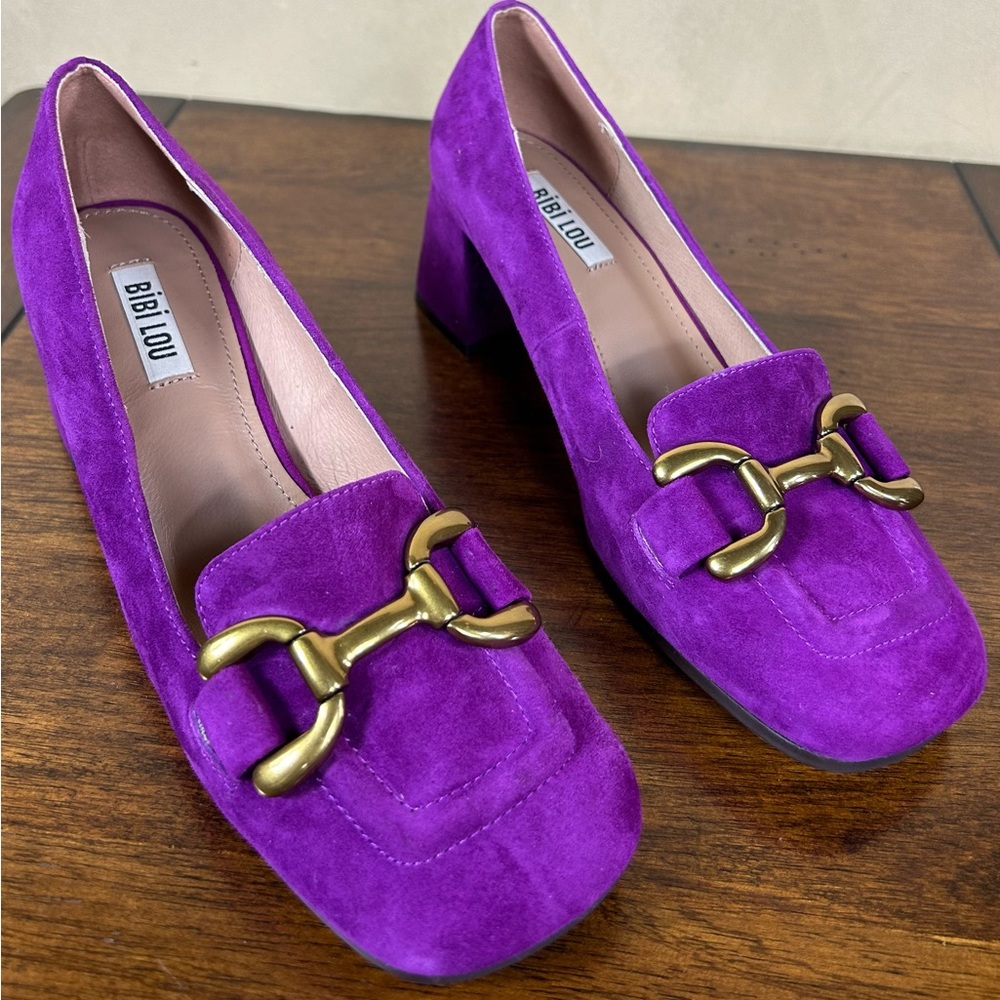 Bibi Lou Dark Purple Suede Platform Loafer Heel Shoe Size 37- 6.5 US